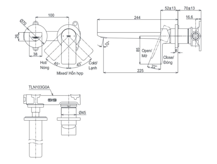 Vòi lavabo nóng lạnh gắn tường TOTO TLG13308A