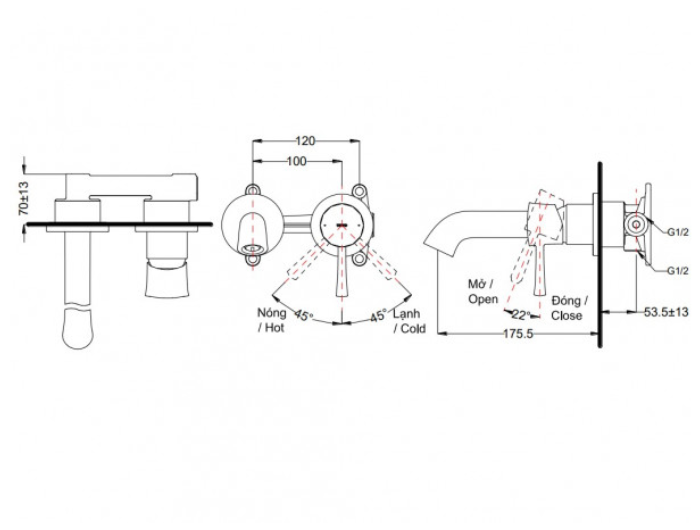 Vòi lavabo nóng lạnh gắn tường TOTO TLS02307B