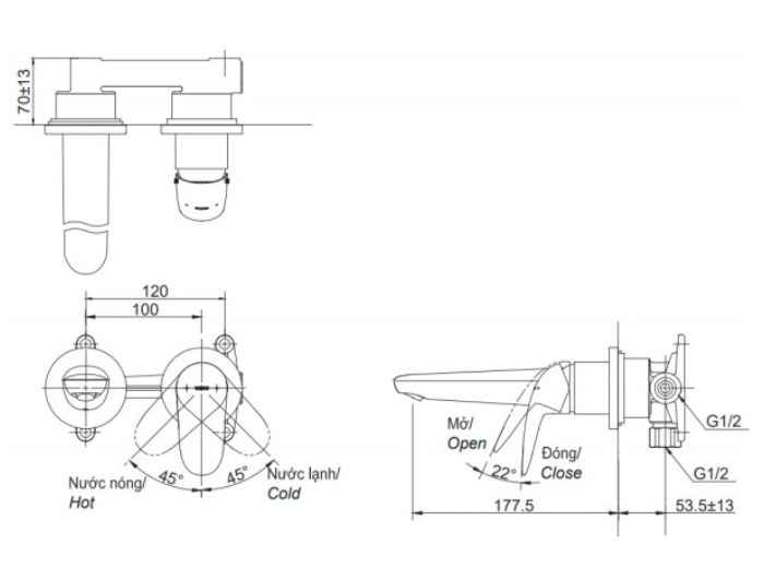 Vòi lavabo nóng lạnh gắn tường TOTO TLS03307B
