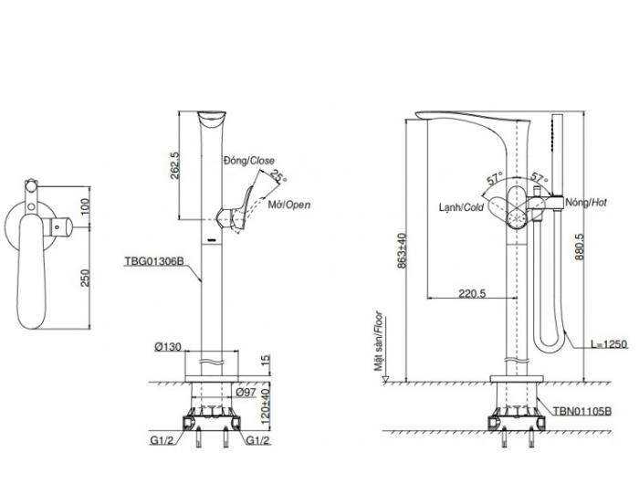 Vòi xả bồn tắm đặt sàn TOTO TBG01306BA TBN01105B