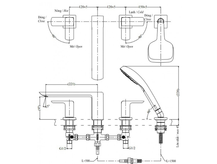 Vòi xả bồn tắm TOTO TBG02202BB nóng lạnh kèm tay sen