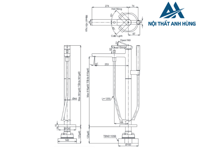 Vòi xả bồn tắm TOTO TBG13306A TBN01105B đặt sàn