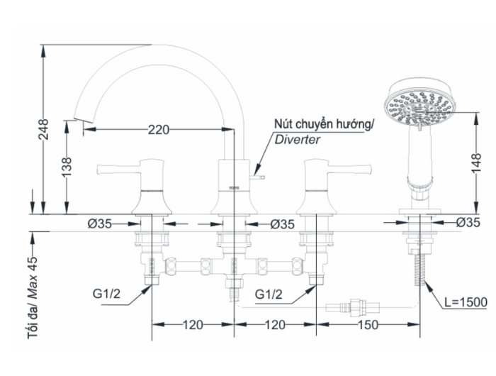 Vòi xả bồn tắm TOTO TBS02202BA nóng lạnh kèm tay sen